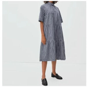 Everlane The Tiered Mock Neck Midi Dress Sz Small Blue Plaid Cotton Side Pockets